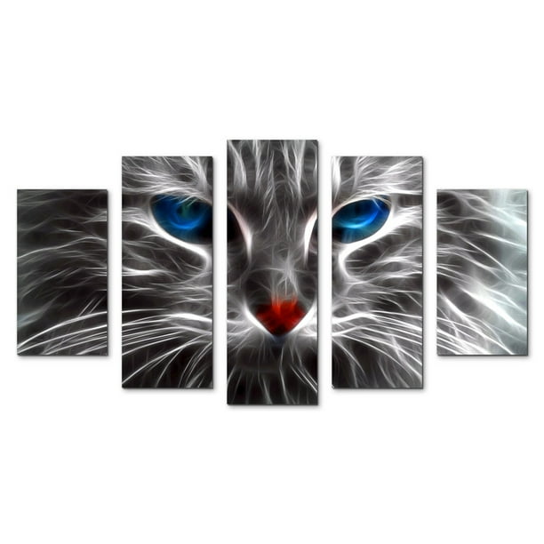 Cuadro Decorativo Gato Artístico Ojos Azules Juego De 5 Piezas 150x80cm Ideal Para Sala Oficina Recámara Decoración Moderna