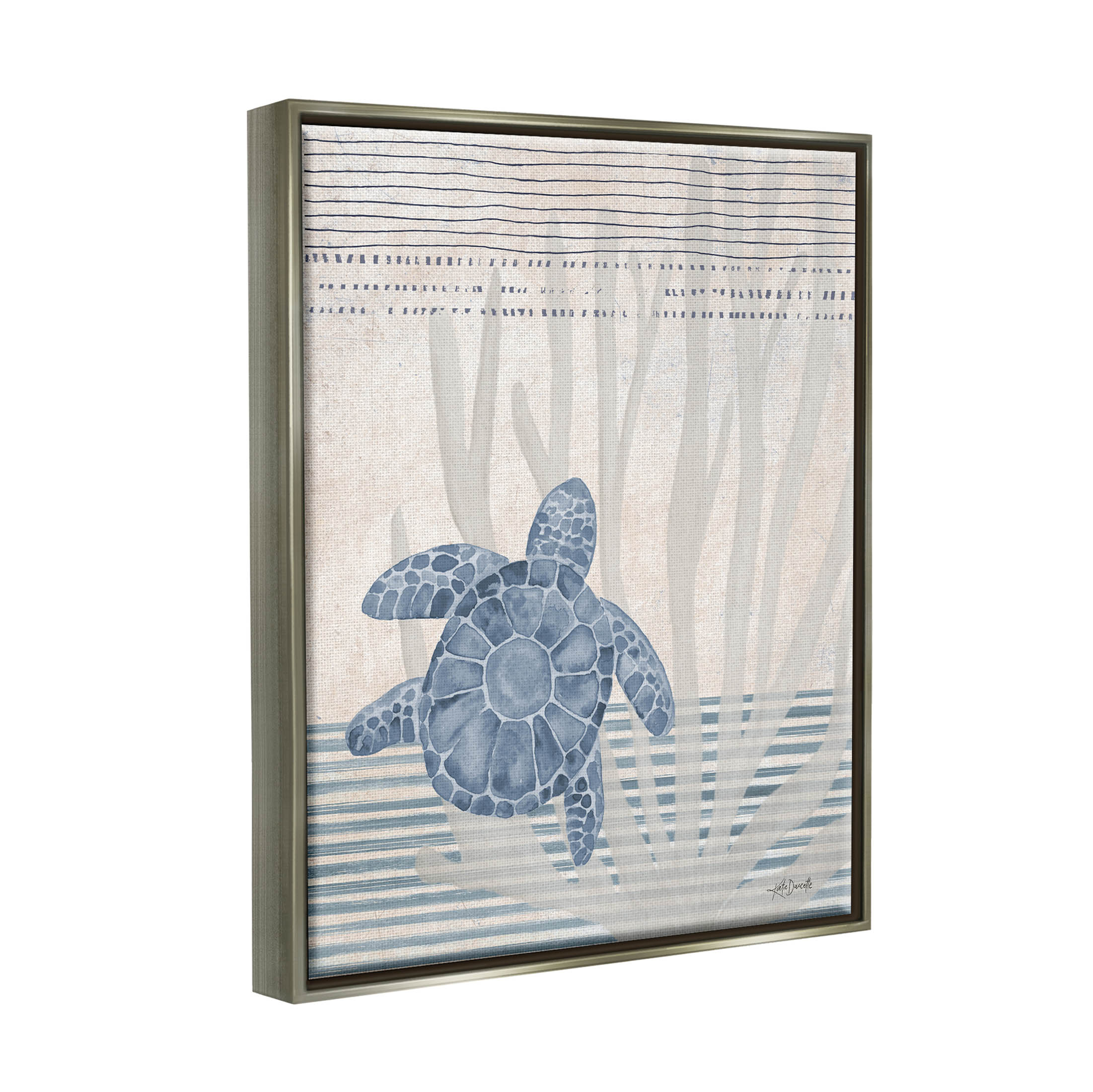 Stupell Industries Nautical Sea Turtle Patterned Stripes Graphic Art Luster Gray Floating Framed Canvas Print Wall Art, Design by Katie Doucette
