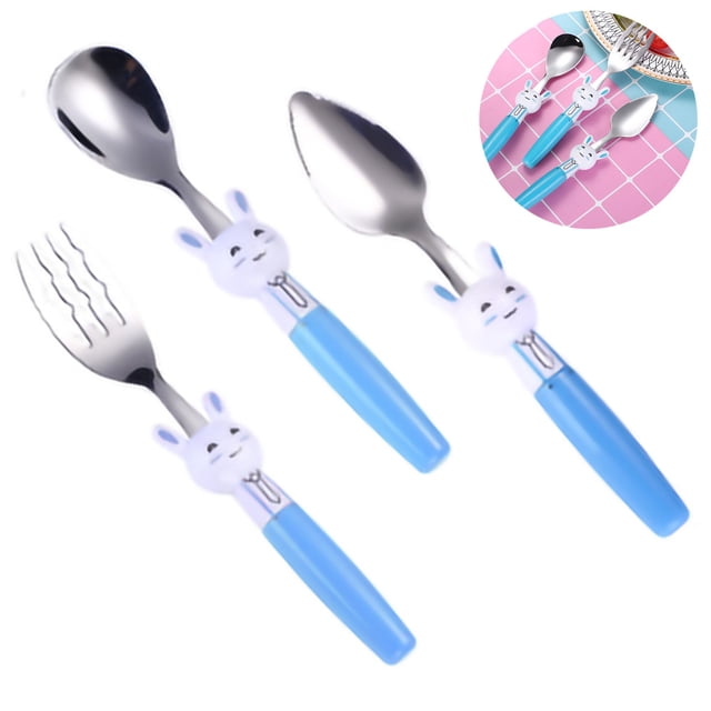 Juego de 3 cubiertos de acero inoxidable para niños: 1 tenedor seguro para niños, 1 raspador de barro, 1 cuchara sopera, utensilios para niños pequeños