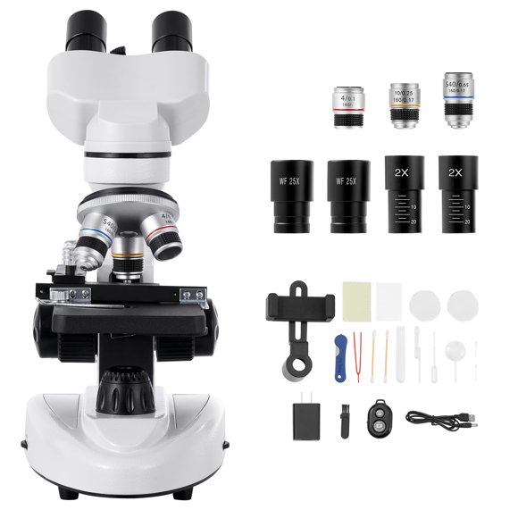 KFFKFF Compound Binocular Microscope, 40-2000X Magnification, Professional Compound Microscope for Adult with Phone Adapter, LED Light, Aluminum Alloy Body, for Lab, School, Home, Education