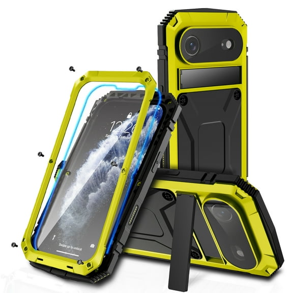 ELEHOLD for iPhone Air Case,Outdoor Sports Rugged Heavy Duty Full Body Cover with Built in Tempered Glass Screen Protector Hidden Kickstand Shockproof Case for iPhone Air,Yellow