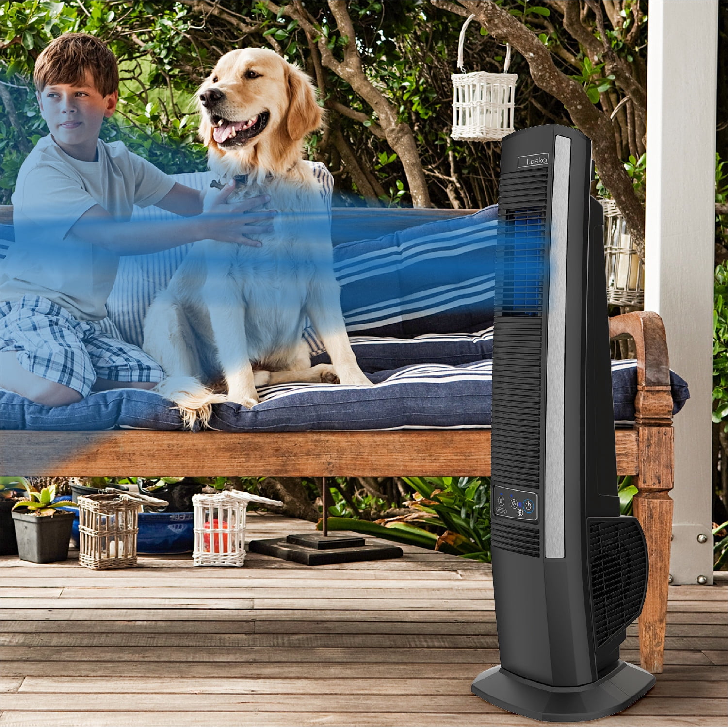 Lasko 42" 4-Speed Outdoor Living Tower Fan for Decks and Patios, Black, YF200