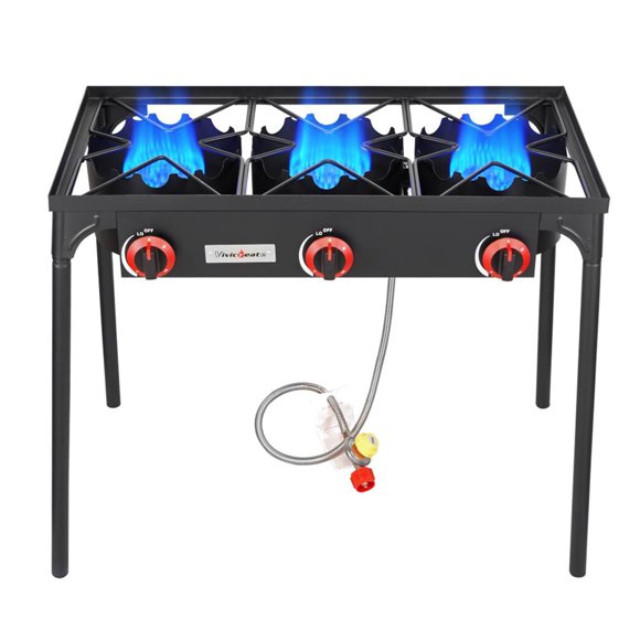 Vivicreate 3 Burner High pressure Propane Stove, 28 Inch Tall Camping Stove with cast iron burner 105000 BTU power, Stable Legs for Outdoor Use