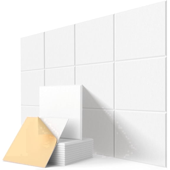 Kuchoow 12 Pack Acoustic Panels Self-Adhesive Sound Panel for Recording Studio 12'' x 12'' x 0.4'', White Sound Absorbing Panel Square Acoustical Treatments Wall Tiles for Room Bedroom Gaming