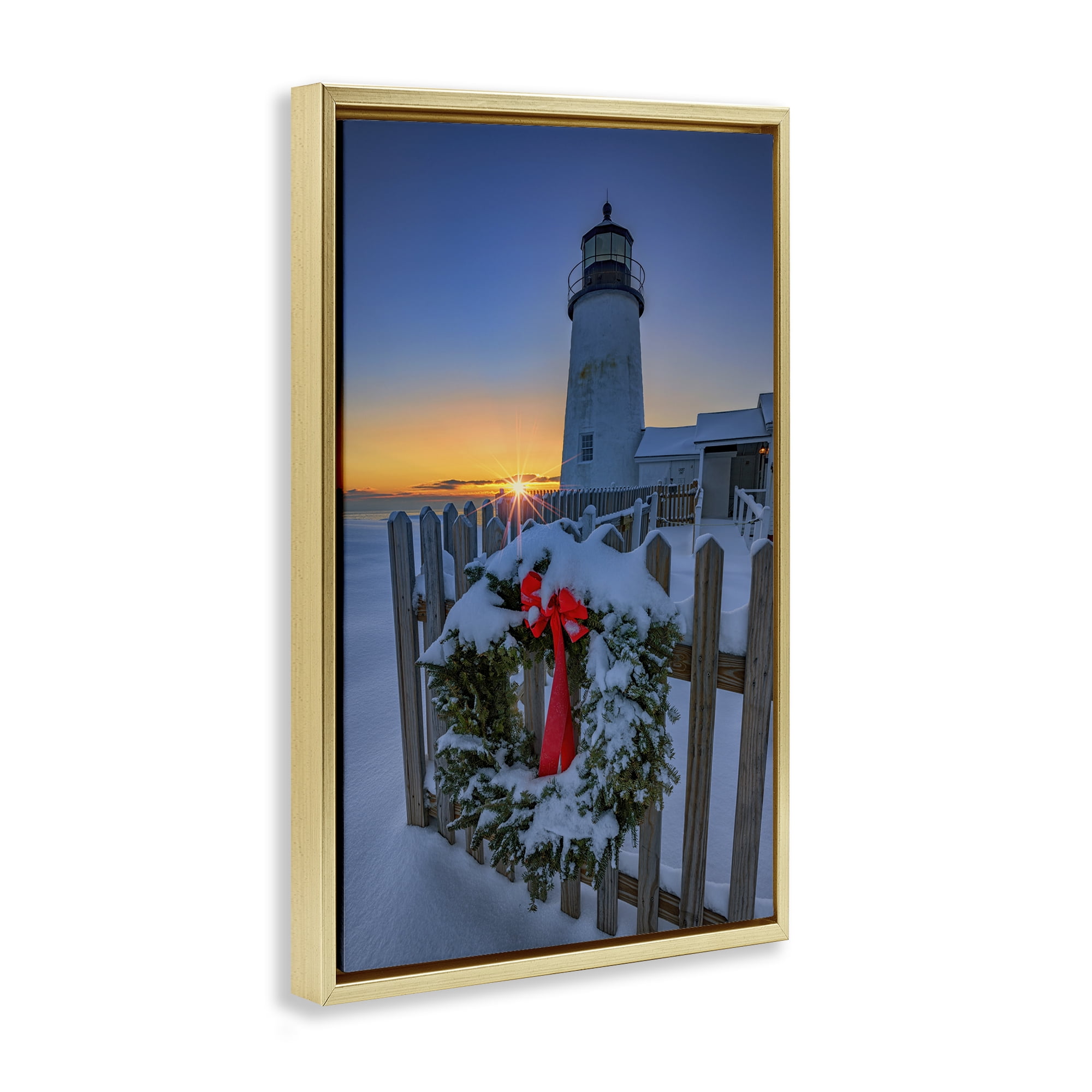 Stupell Industries Christmas Beach Lifehouse Holiday Painting Gold Floater Framed Canvas Art Prints Wall Art, 17 x 25