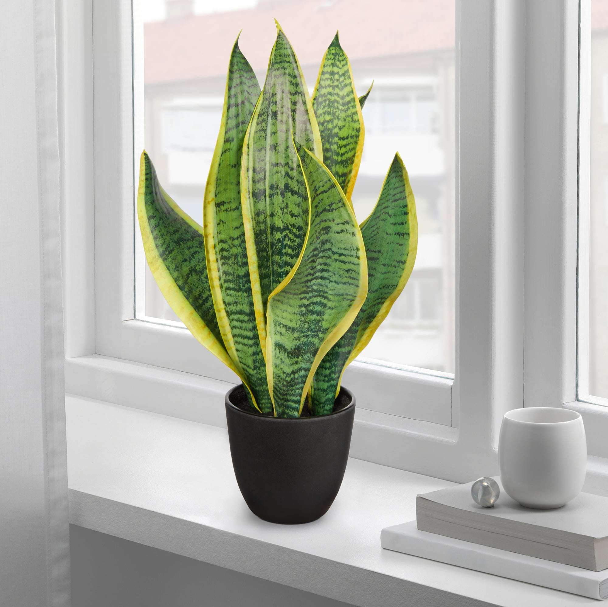 16Inch Small Artificial Snake Plants Fake Sansevieria Faux Decorative Tropical Plants Potted Desk Table Top Decor outdoor