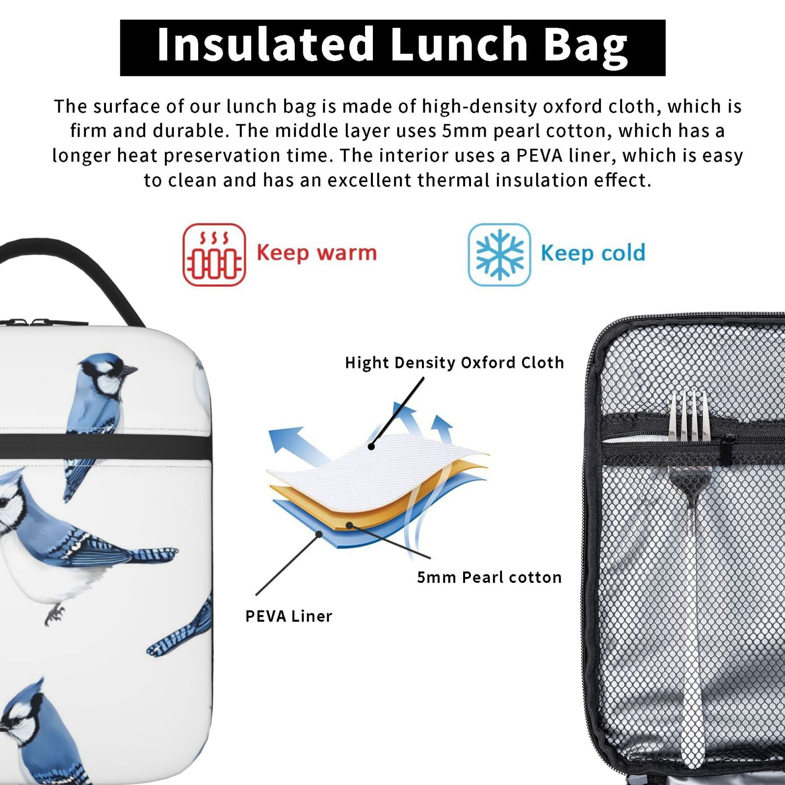 Lunch Bag For Women Men Insulated Portable Lunch Box Bento Box Office Picnic Travel Cooler Bag Blue-And-White Bird