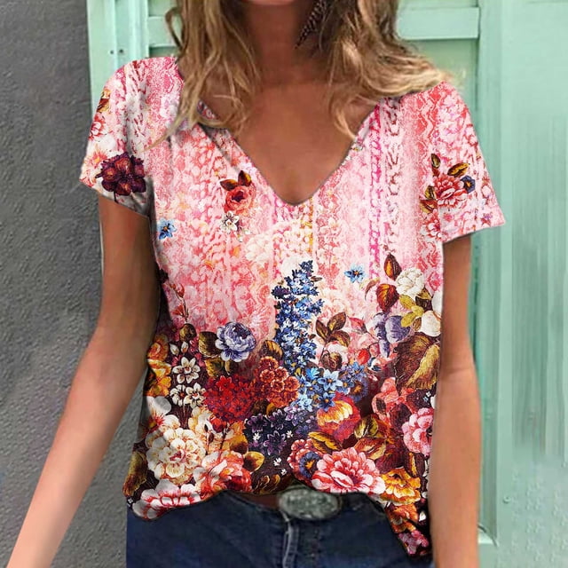 Drppepioner 2024 T-Shirts Tendance d'Été pour Femmes Femmes Blouse Imprimée d'Été T-Shirts Décontractés à Col en V à Manches Courtes T - Hauts Rouge Melon D\'eau 12(S)