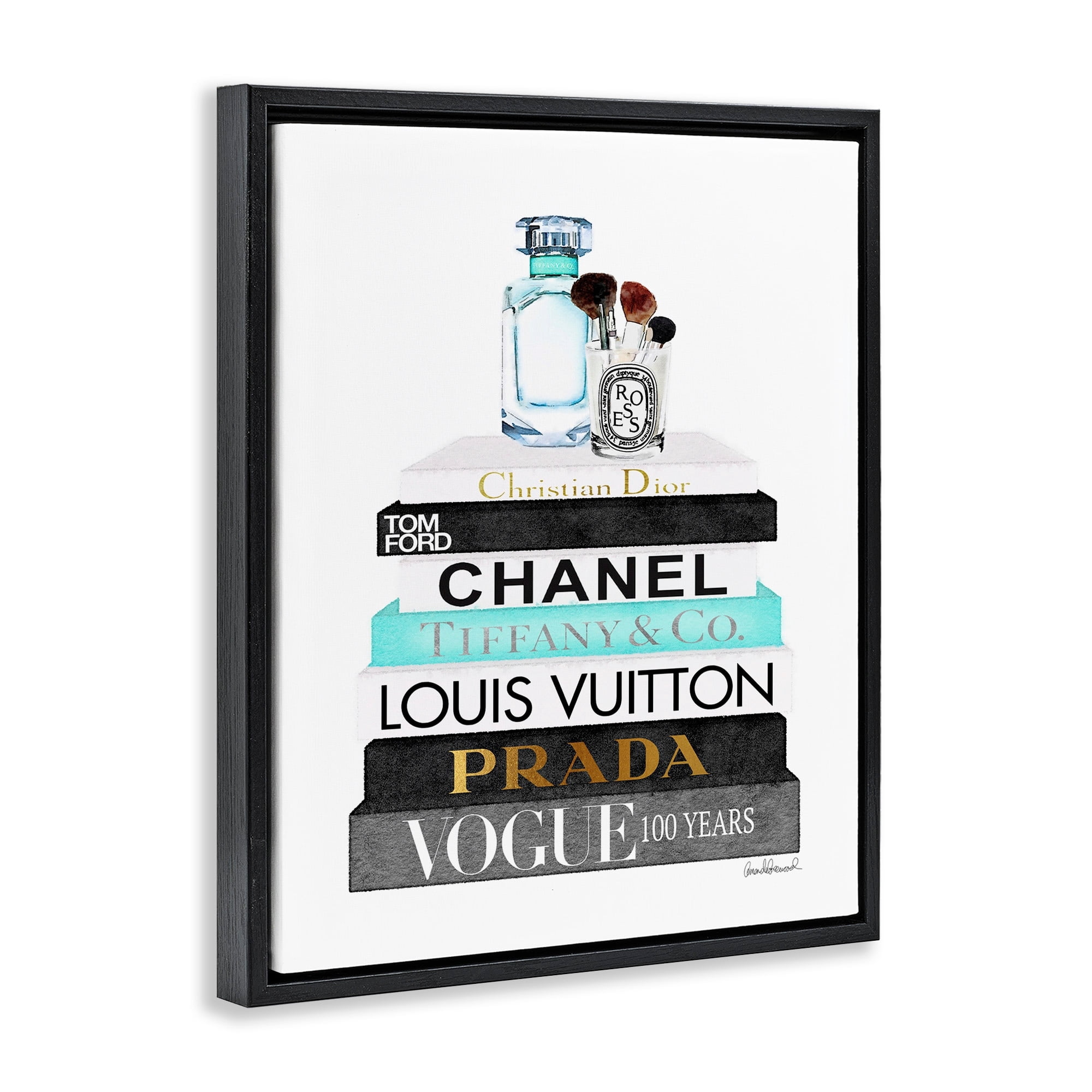 Stupell Industries Book Stack Perfume Brushes Glam Fashion Watercolor Jet Black Framed Floating Canvas Wall Art, 16x20, by Amanda Greenwood