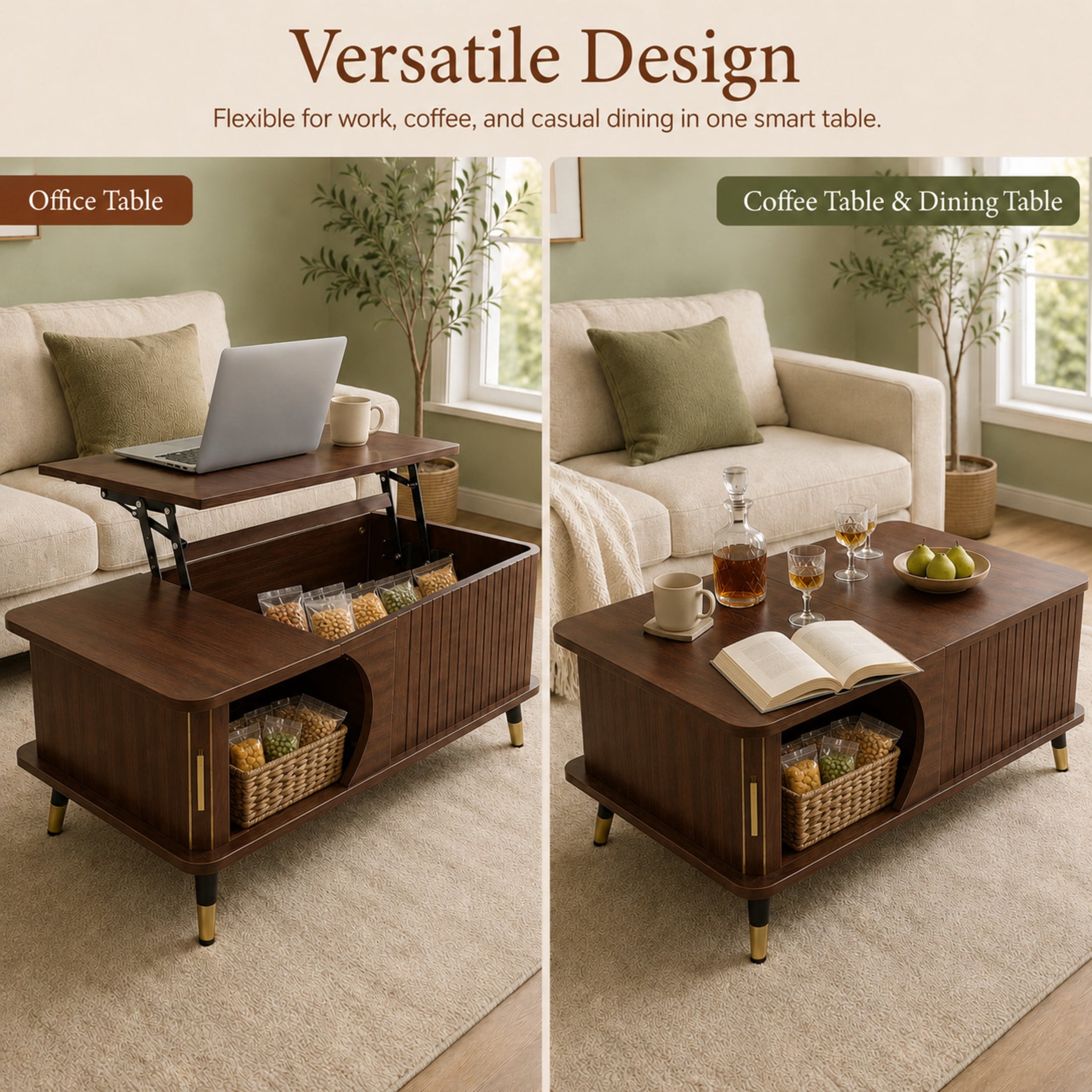 GDF Studio Lift-Top Coffee Table with Hidden Compartment & Side Storage Shelves, Center Table for Home Living, Walnut