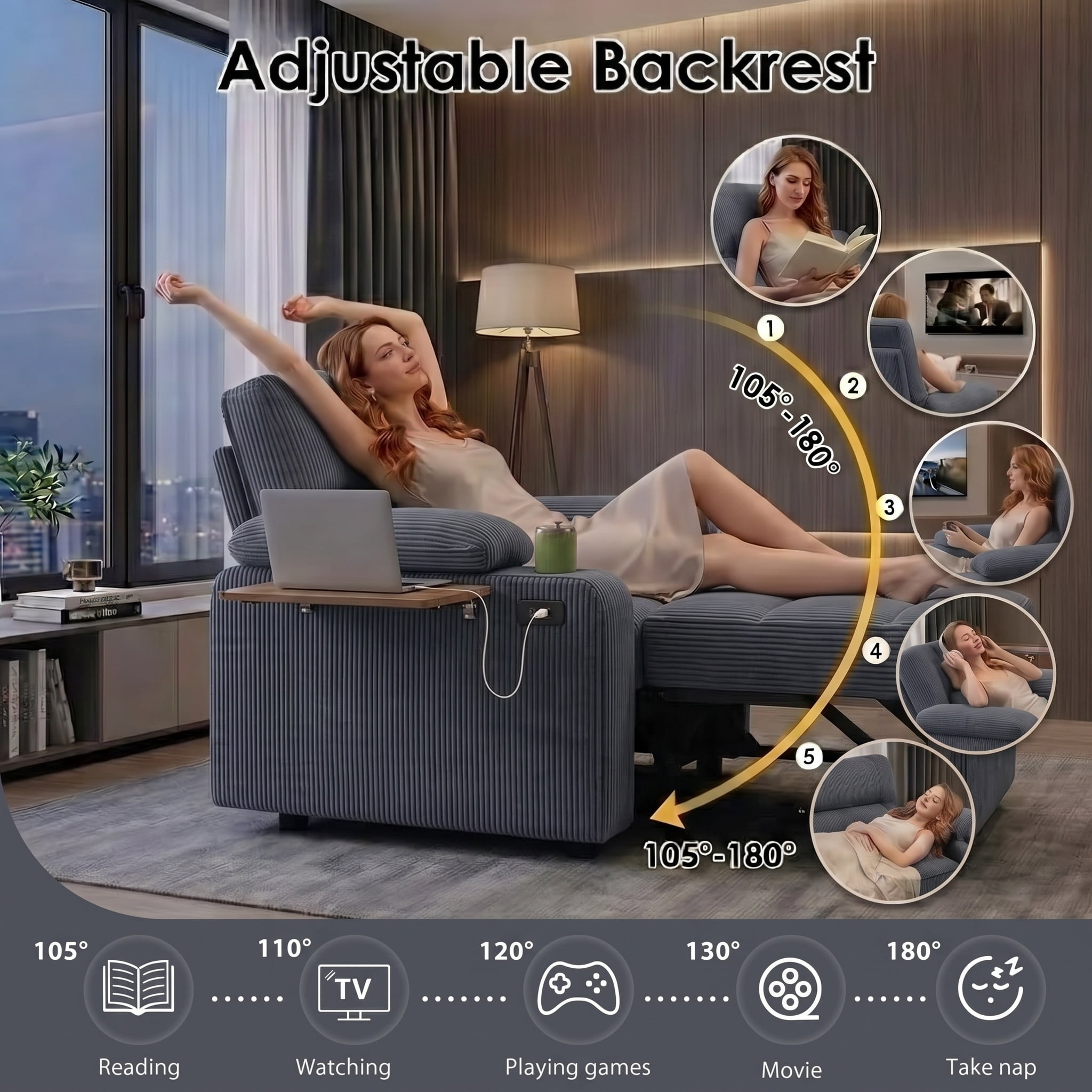 58" Sleeper Sofa Bed, Convertible Pull Out Couch Bed Corduroy Loveseat with Adjustable Backrest, USB Charging Ports, Cup Holders & Foldable Side Table for Living Room Apartment,Dark Grey