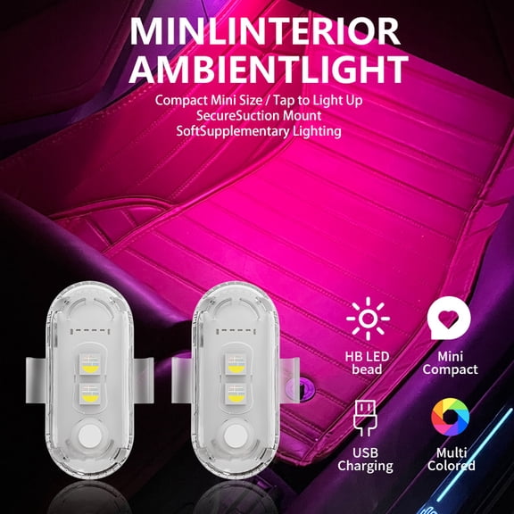 2‑Pack Wireless Car Interior LED Lights, 7 Colors USB Rechargeable Portable Night Light for Car Decoration