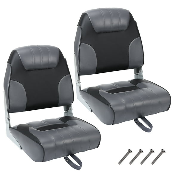2 Pack Folding Low Back Boat Seats - Waterproof Marine Captain Chairs with Thick Cushions, Black/Gray Stitching - For Fishing, Speedboats, Bass Monitor (1 Pair)