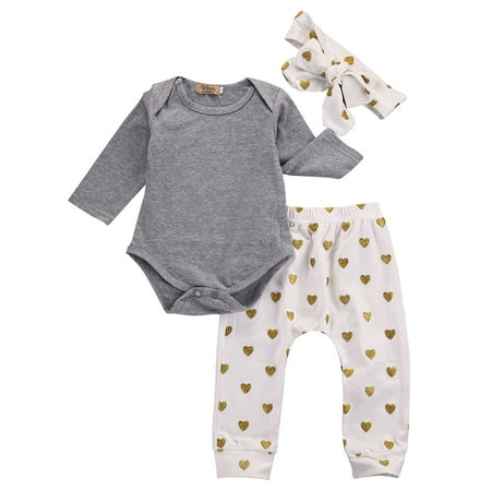 

Musuos Baby Girls Spring Long Sleeve Romper+Heart Print Leggings+Headband
