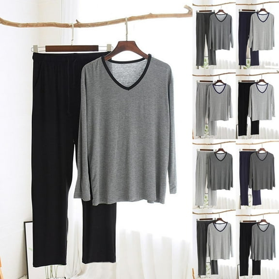 Antinious Winter Sleepwear Outfits for Men,Mens Loungewear Set,Mens Pajamas Set Solid Casual Fashion V-Neck Long Sleeve Pants Set Sleepwear,Black,XXXL