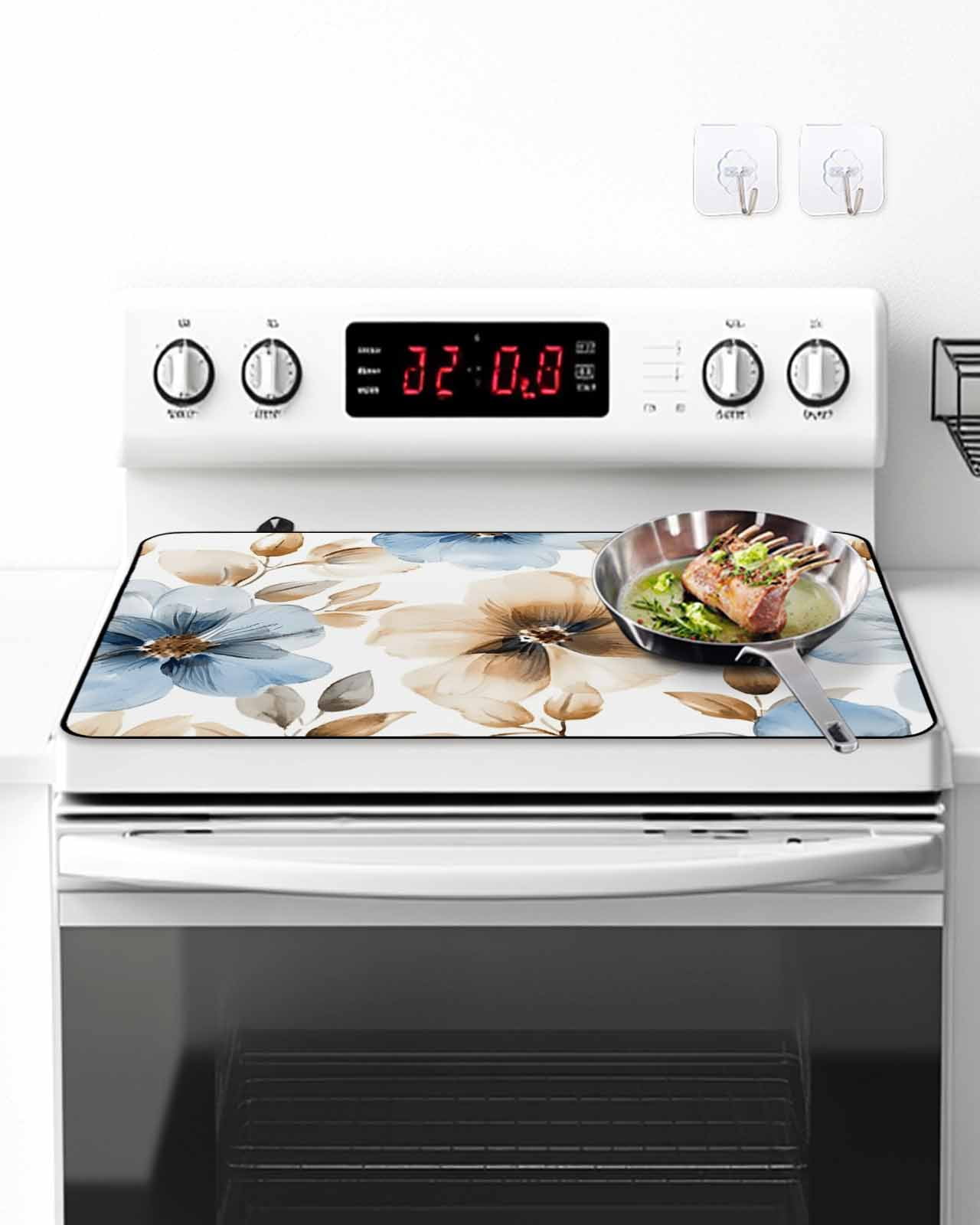 Stove Top Covers for Electric Stove, Blue Brown Spring Floral Glass Stovetop Cover Protector, Summer Botanical Watercolor Induction Cooktop Protector Oven Mat for Kitchen Countertop 24"x21"