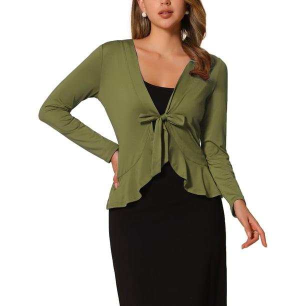 Cárdigan de punto abierto con mangas largas y dobladillo con volantes para mujer, con lazo en la parte delantera, XS, verde oliva
