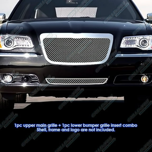 APS Compatible with Chrysler 300 300C 2011-2014 Main Upper Lower Bumper Stainless Steel Chrome Mesh Front Grill Grille Insert Combo R71105S