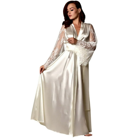 Bigersell Silk Robes for Women Long Bridesmaid Wedding Bath Robe with Lace Trim Long Sleeve V-Neck Open Front Belted Nightgown Sleepwear Split Bathrobe for Bride Nightdress Bridal Robe White XL