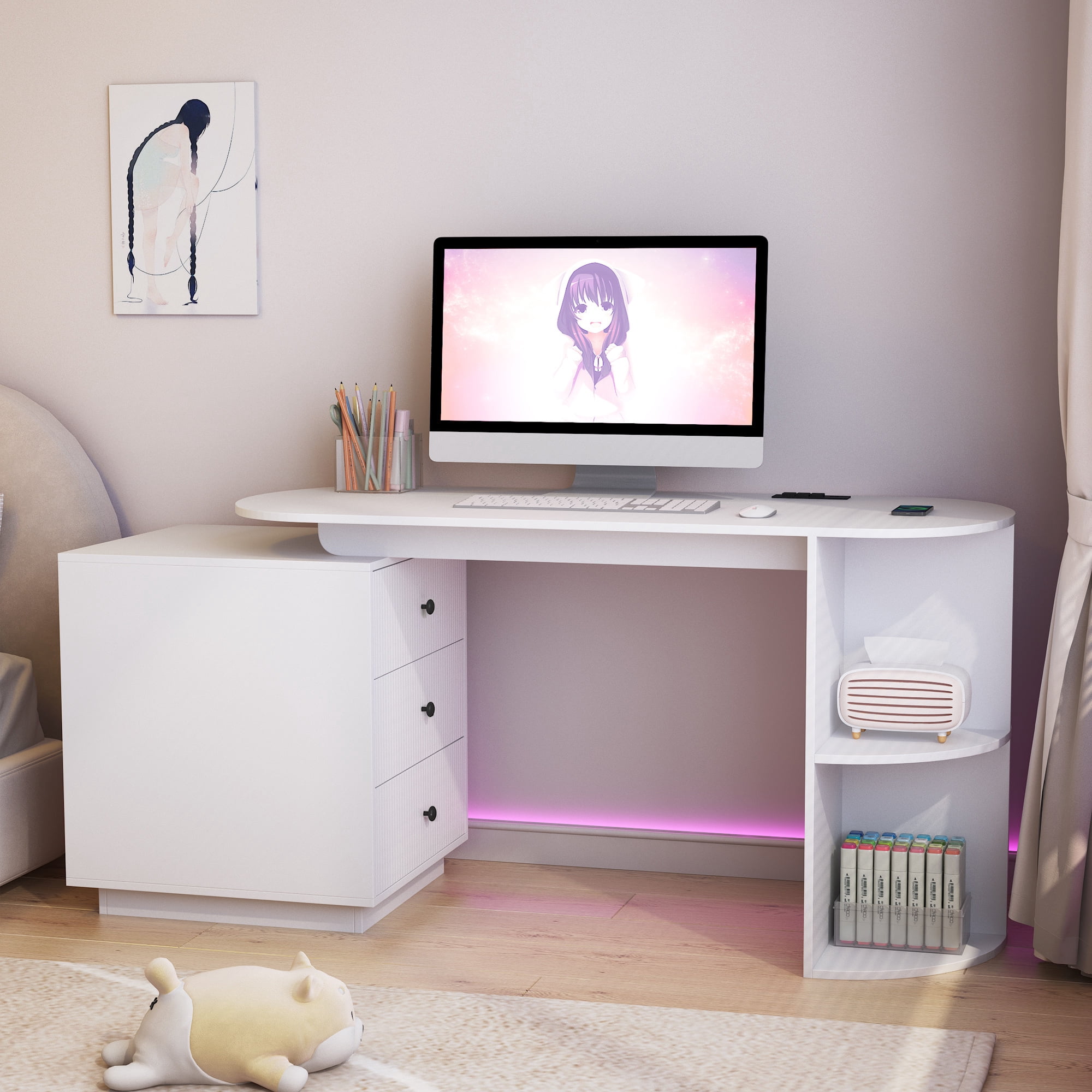 Aukfa Home Office Desk,Wood Executive Desk Teens Student Desk Study Table with Drawer & Power Outlets,White