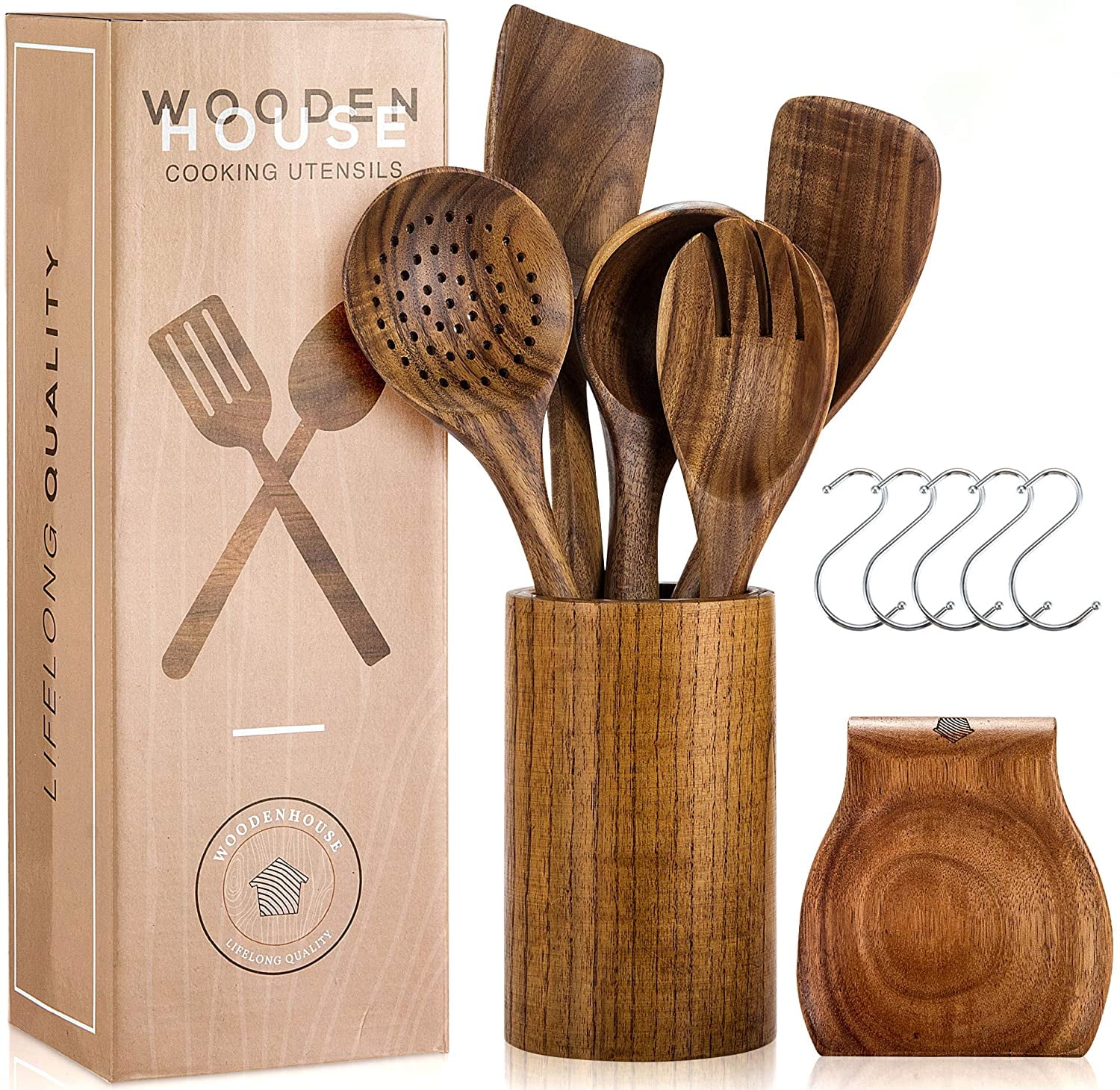 Natural Nonstick Teak Wood Spoons Wooden Utensils for Cooking Set with Holder 