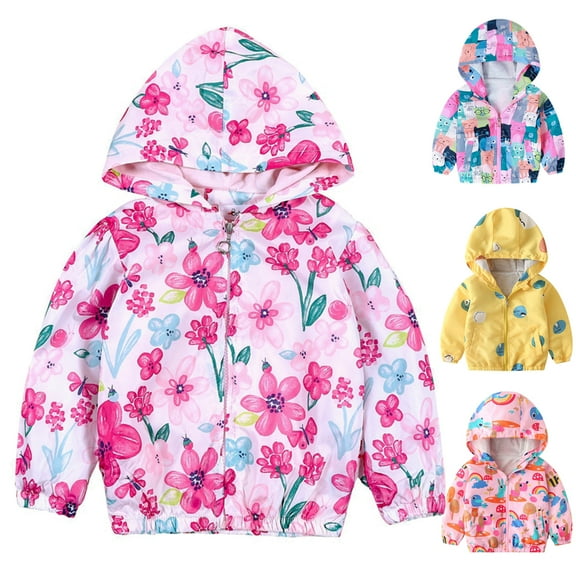 Autumn Toddler Girls Floral Windbreaker Hooded Little Girl Pink Jacket Coat