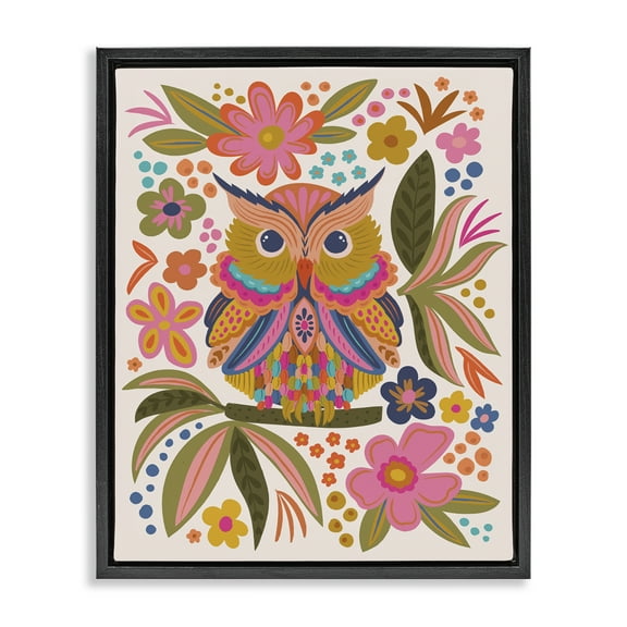Stupell Industries Eclectic Owl & Flowers Animals Painting Black Floater Framed Canvas Art Print Wall Art, 17 x 21