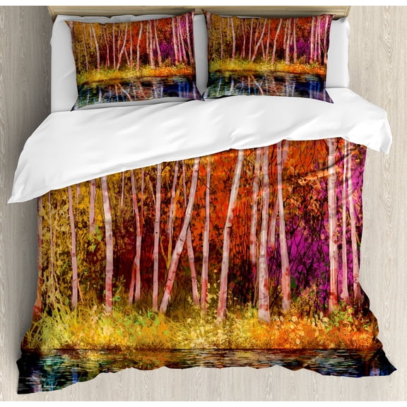 Flower Duvet Cover Set, Autumn Trees Along Lake Fall in Jungle Natural Paradise Best Places in Earth, Decorative 3 Piece Bedding Set with 2 Pillow Shams, King Size, Grink Purple, by Ambesonne