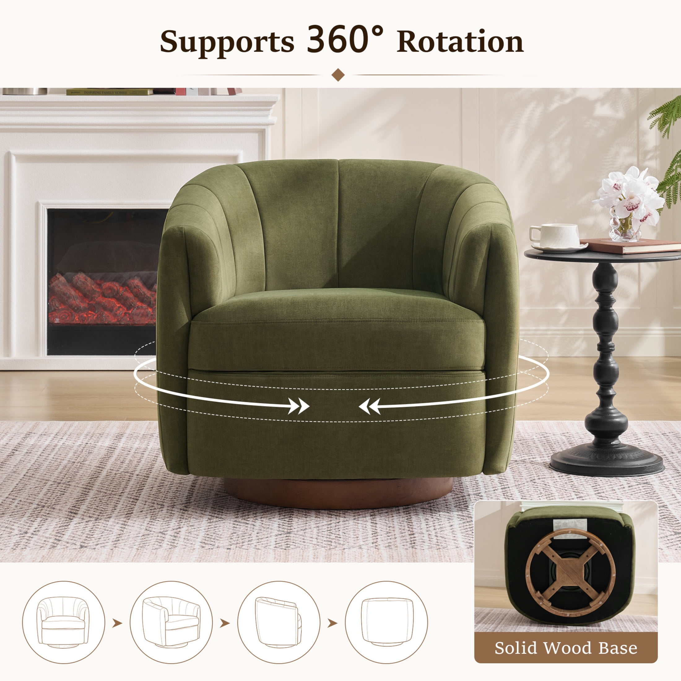 Noble House Swivel Accent Chair with Solid Wood Base, Velvet Upholstered Armchair for Living Room, Green