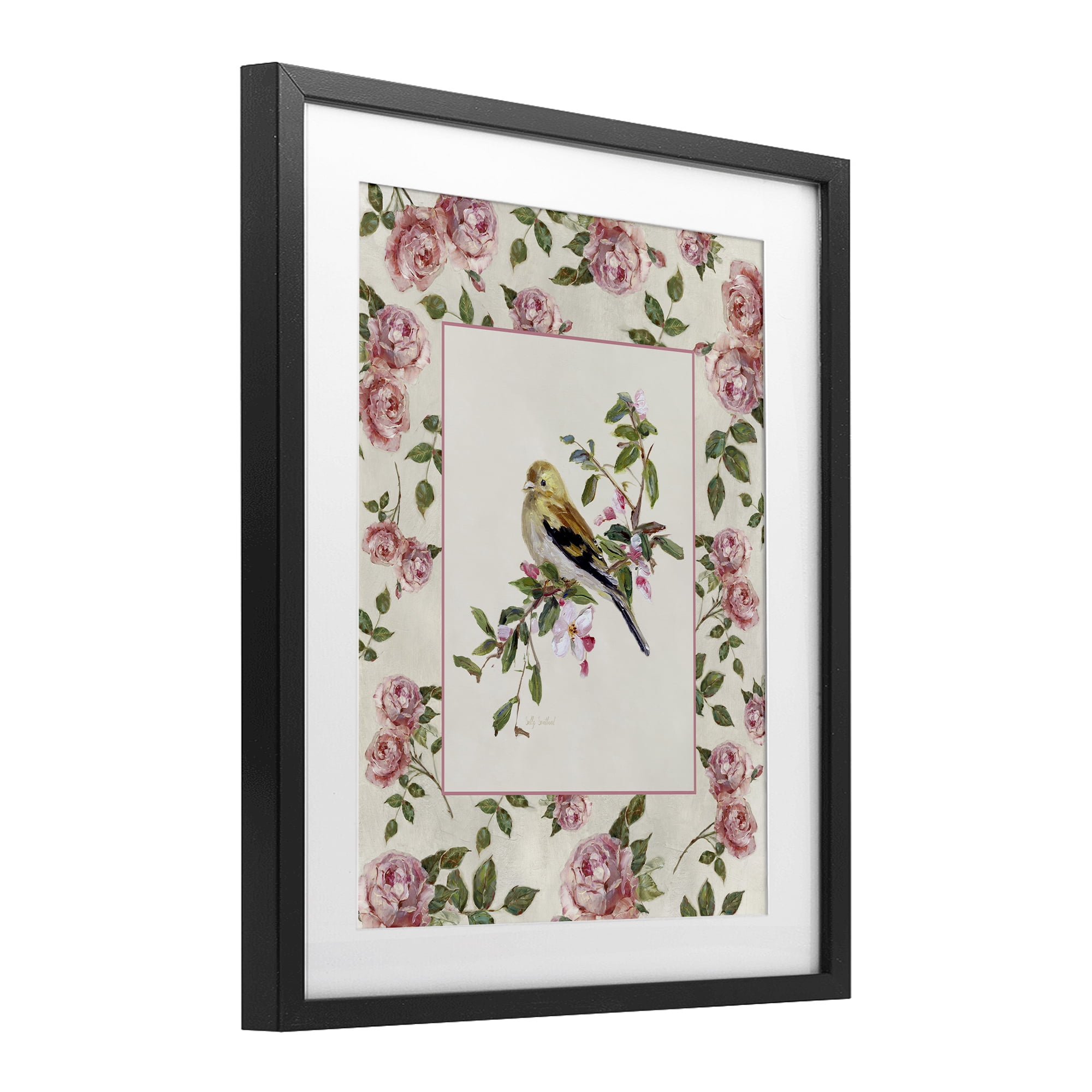 Stupell Industries Perched Bird with Dainty Roses Black Framed Print Under Glass, design by Sally Swatland
