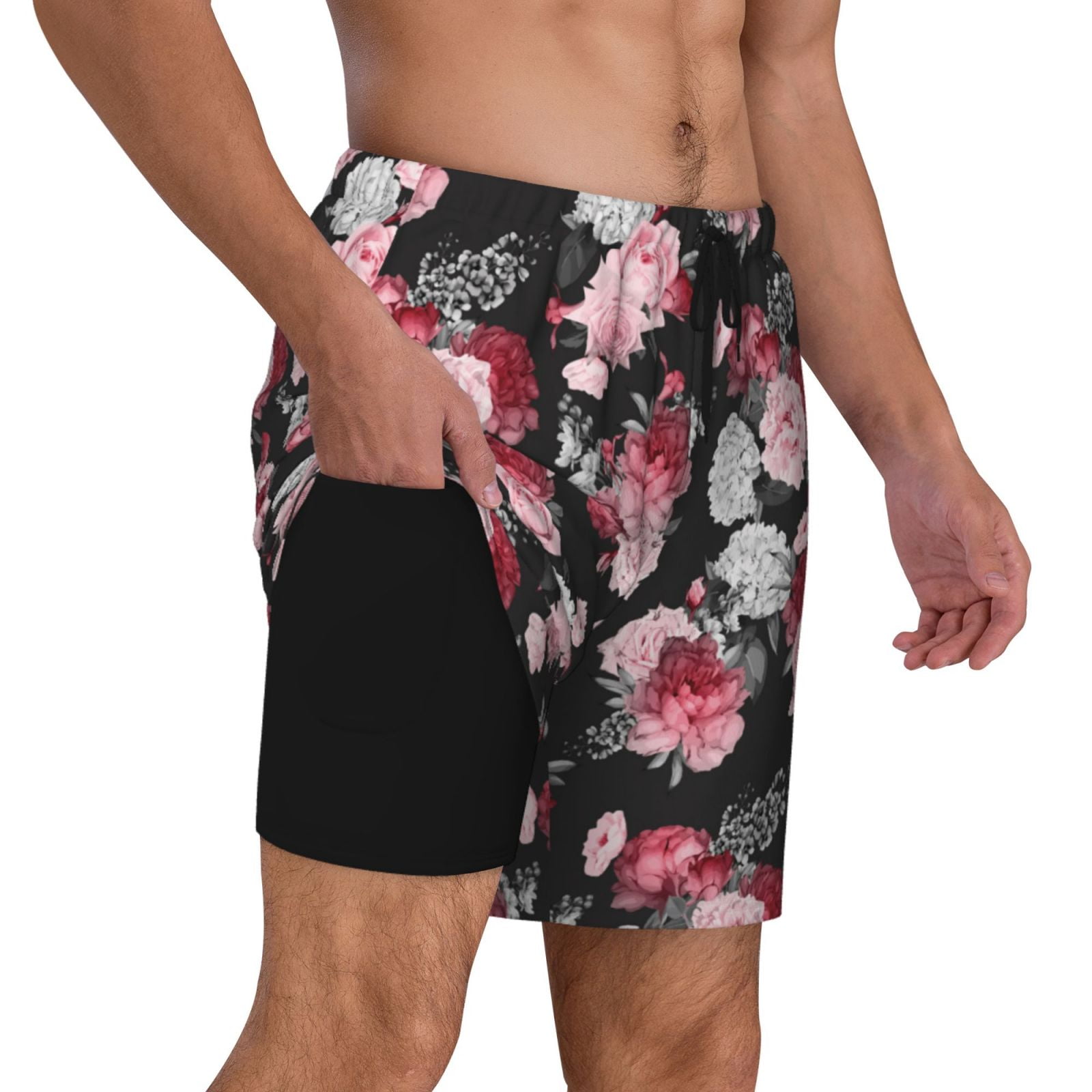 Gukieu Rose Flowers Print Men's Double Layer Sports Swim Trunks, Quick Dry Adjustable Waist Swim Shorts Swimwear-Medium
