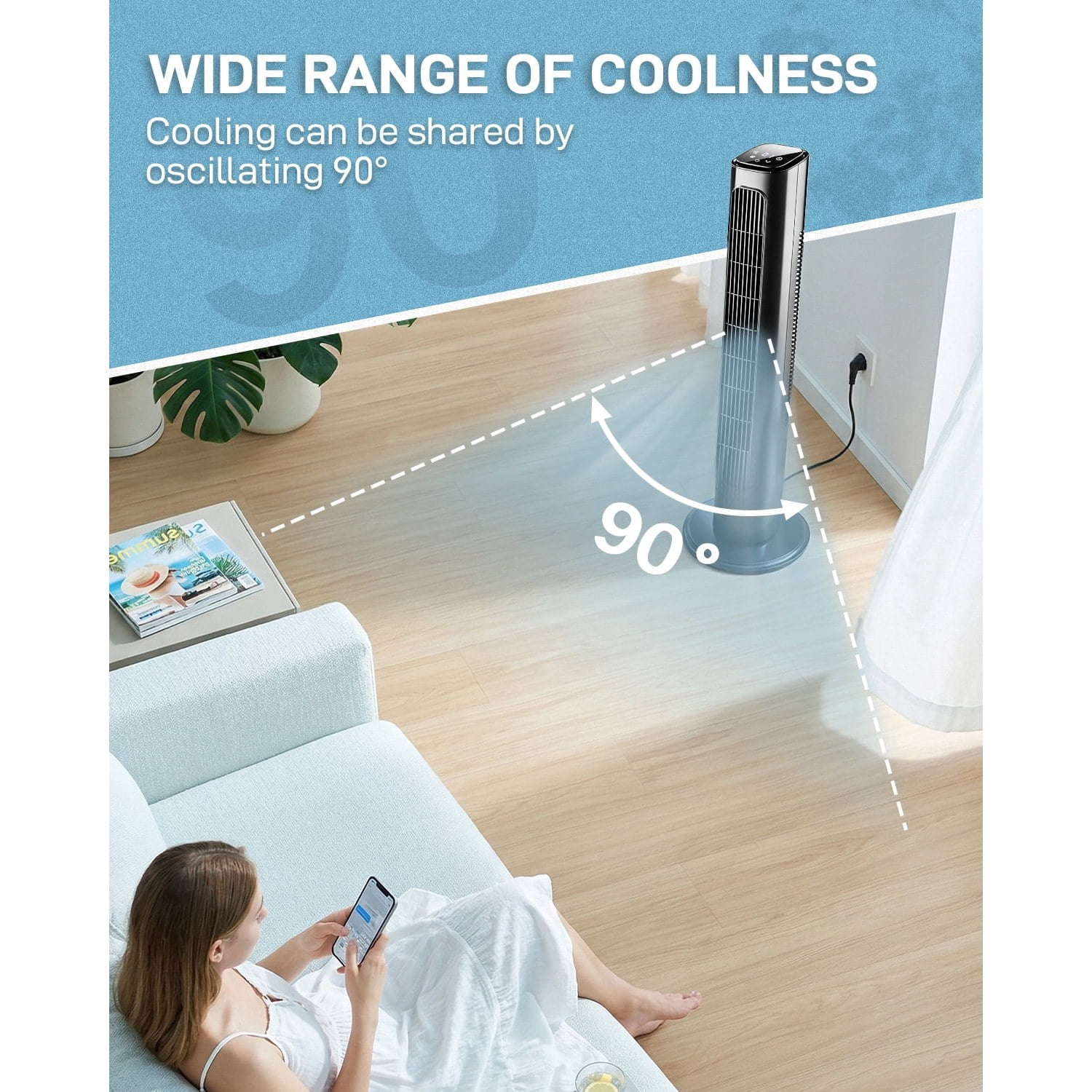 US Standard 36 Inch Tower Fan, 110V 45W, Black Plastic Body with Copper Motor, Touch & Remote Control, 3 Speeds, 3 Modes, Oscillating, 9H Timer, Household Fan