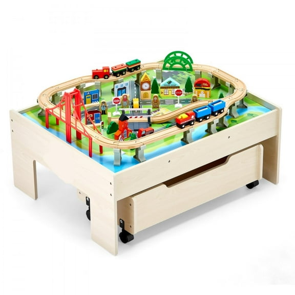 Train Table, 100 Multicolor Pieces Wooden  Activity Table with Rolling Storage Drawer, 3-in-1 Wooden Train Set for Gaming, Drawing, Reading, Eating, Creative Toy Set for  Ages 3 