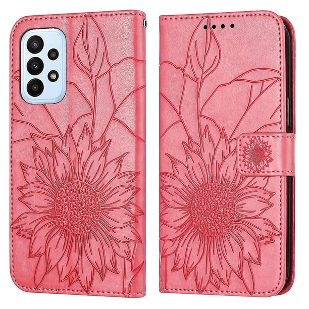 Funda tipo cartera con girasoles grabados para Samsung A32 4g, multifuncional, elegante y con protección total.
