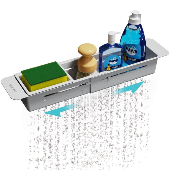 NiHome Extendable Over Sink Kitchen Organizer for Tools, Dishes, Ingredients - Non-Slip Pads Multifunctional Storage, Adjustable Length with Drainage for Enhanced Hygiene, Durable ABS Material (Gray)