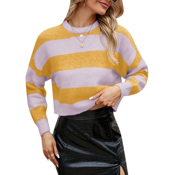 Camiseta mujer, Suéteres cortos de mujer Suéteres casuales de manga larga con cuello redondo a rayas Abody Amarillo/Grande