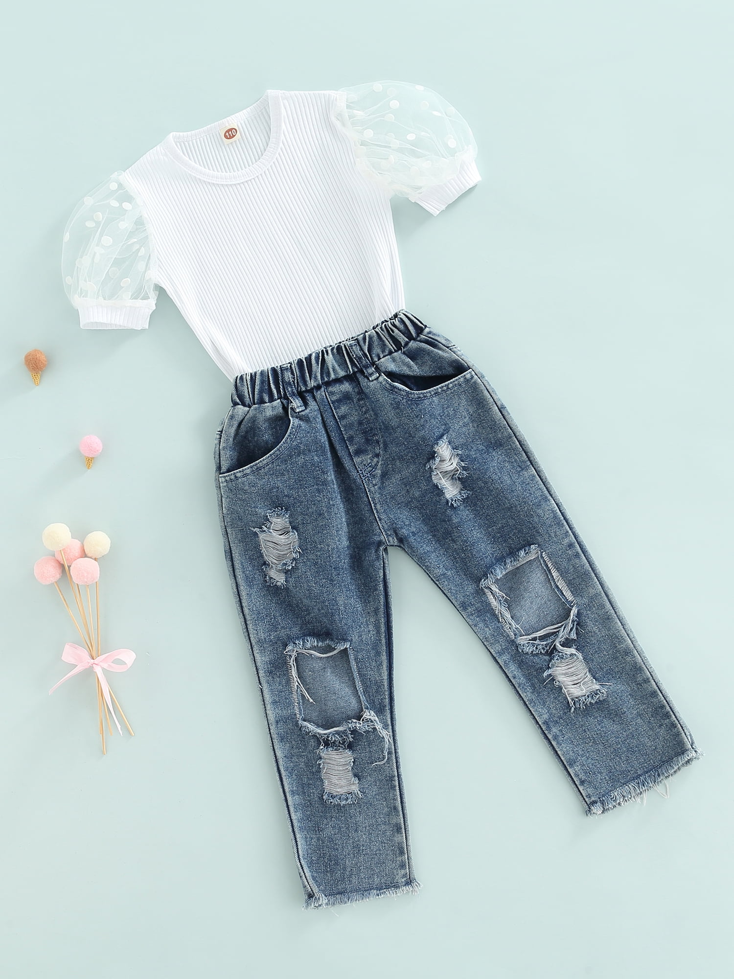 2pcs Kid Girl 100% Cotton Long-sleeve White Tee and Ripped Denim Jeans Set