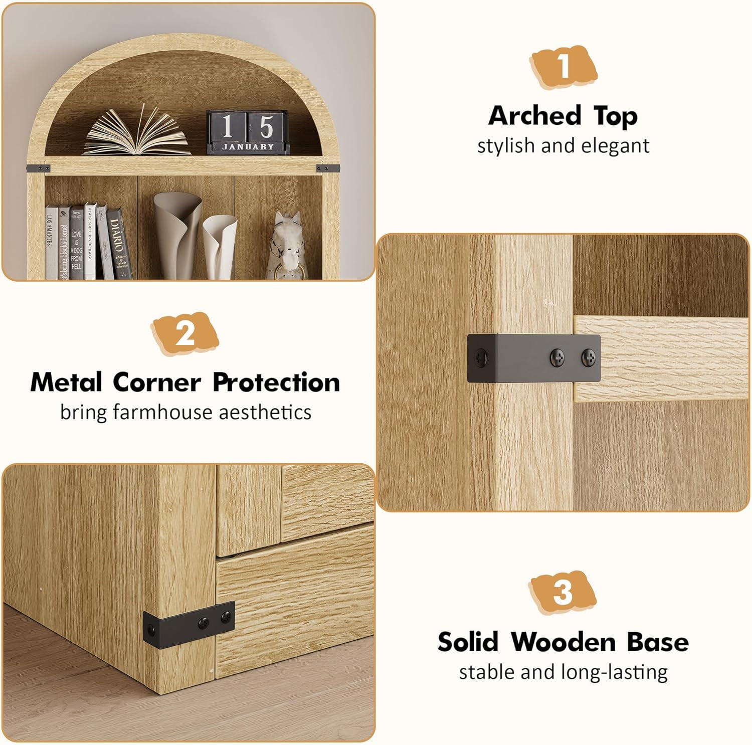 Accreate Bookcase with Doors Arched Bookshelf 71.65in Tall Bookcase Farmhouse Cabinet with Shelves Wooden Bookshelves for Home office, Living Room