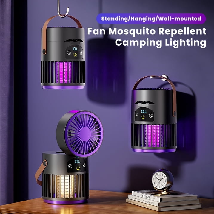 Portable Mini USB Rechargeable Fan with 5 Wind Speeds, Mosquito Killing & LED Lighting Function, Personal Cooling Fan for Camping Home Indoor Outdoor Use
