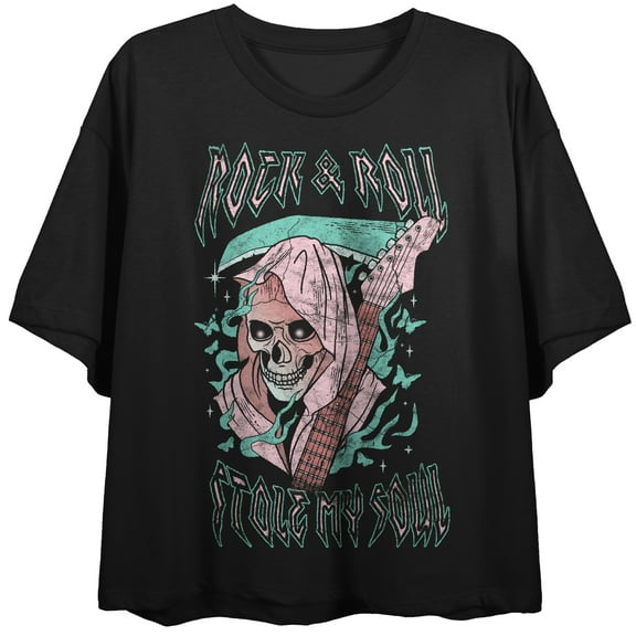 Vintage Reaper Rock & Roll Crew Neck Short Sleeve Women's Black Crop T-shirt-Medium