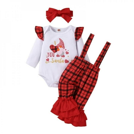 

Xinhuaya Toddler Baby Girls Santa Letter Print Romper Jumpsuit Plaid Print Strap Bell-bottom Pants + Headband Clothes Set Baby s Sets