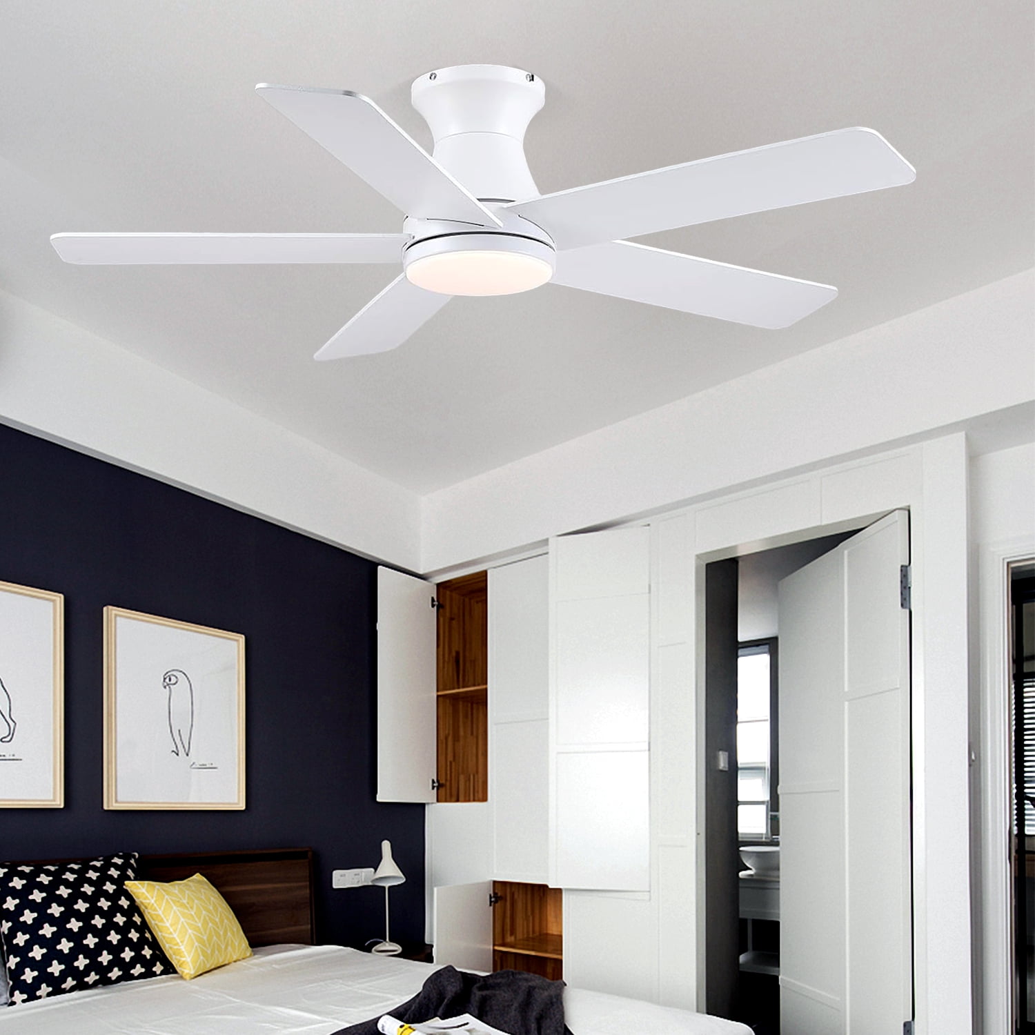 YIOSI 46'' Low Profile Ceiling Fan with LED Light, Quiet DC Motor, Remote Control, Reversible Flush Mount Fan for Indoor & Covered Outdoor Use