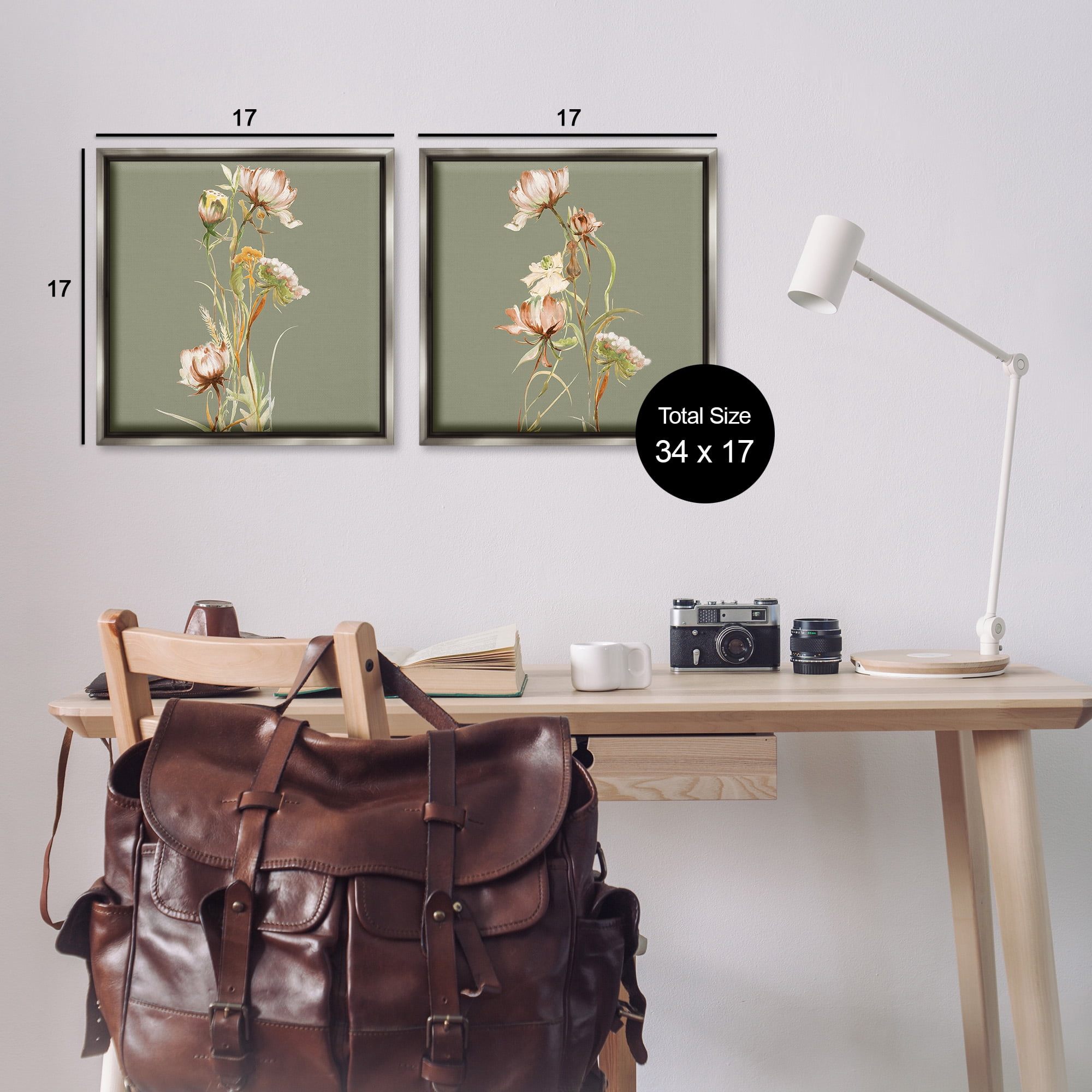 Stupell Industries Classic Blooms on Green Botanical & Floral Painting Gray Floater Framed Canvas Art Print Wall Art, 18 x 18, Set of 2