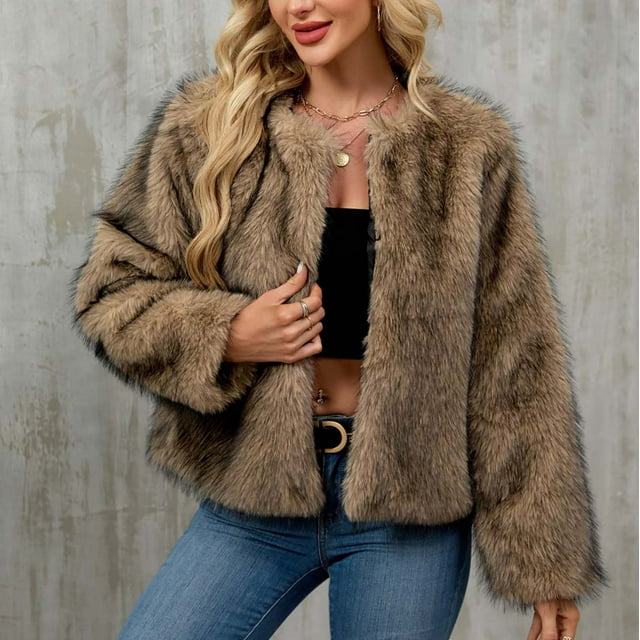 Chaqueta de abrigo cálida para mujer, de invierno, lisa, con cuello redondo