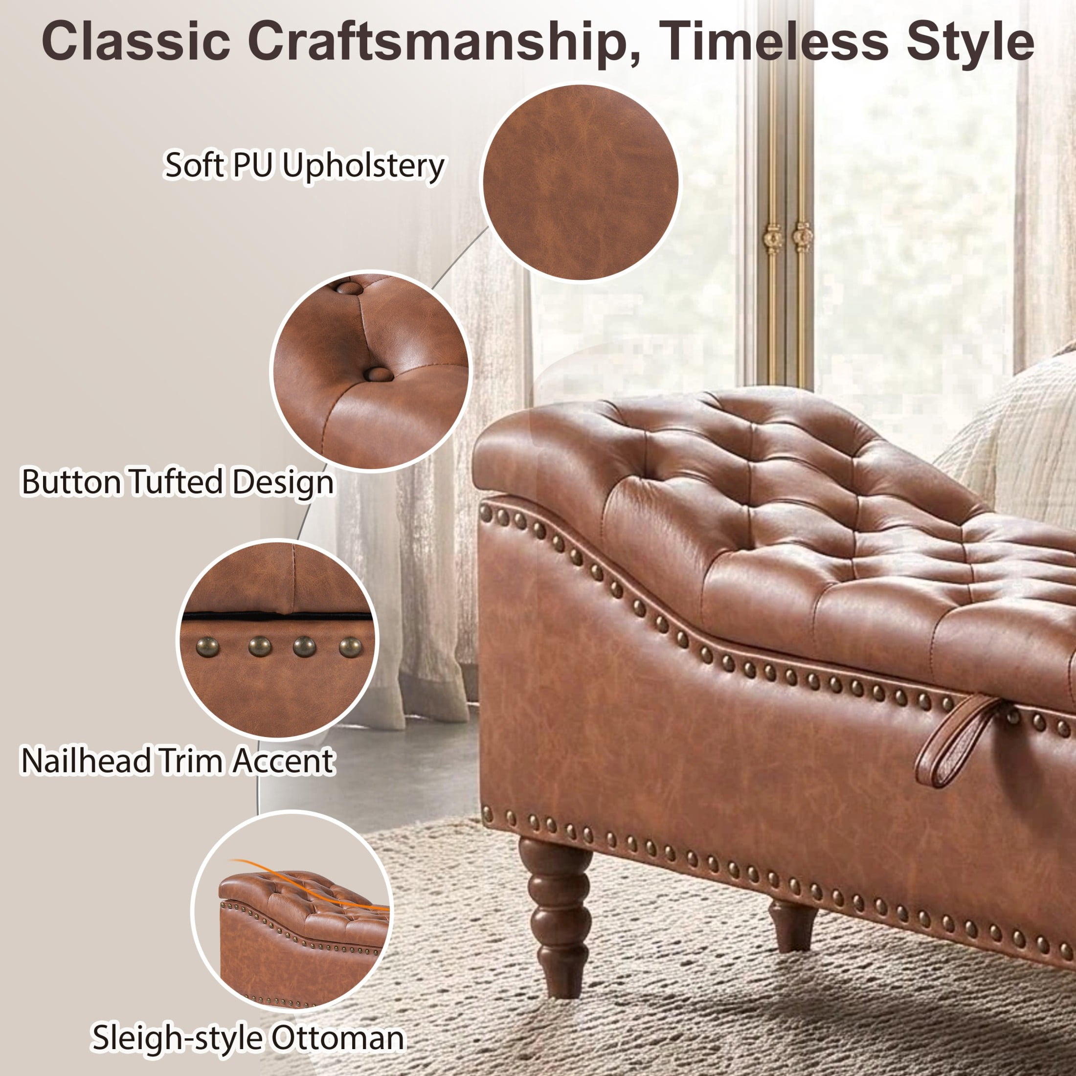 Christopher Knight Home PU Leather Storage Bench, Button-Tufted Ottoman with Nailhead Trim, Brown