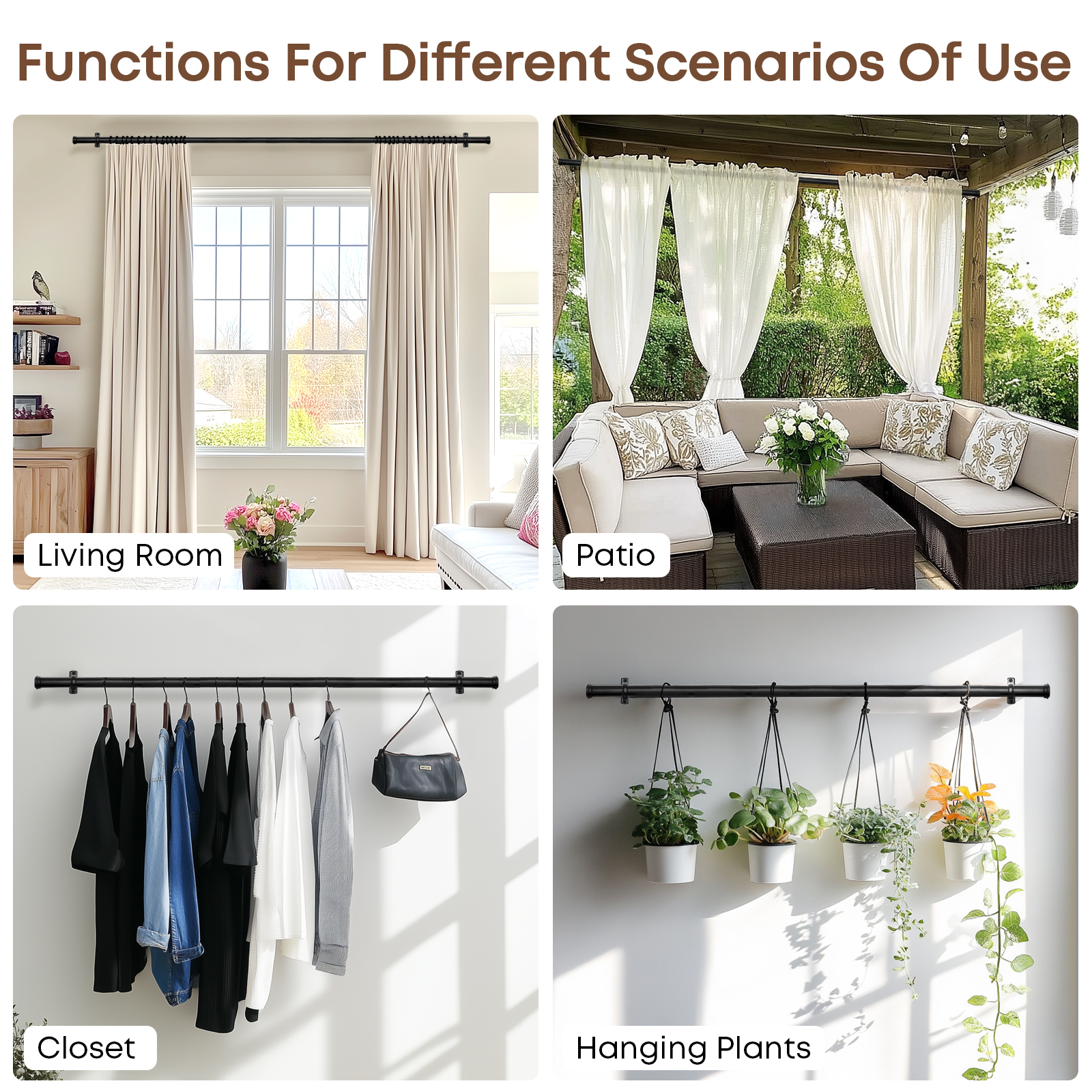 Rose Home Fashion 1 Inch Black Adjustable Curtain Rods Windows Outdoor for Patio Wall & Ceiling Mount, 48" - 86"