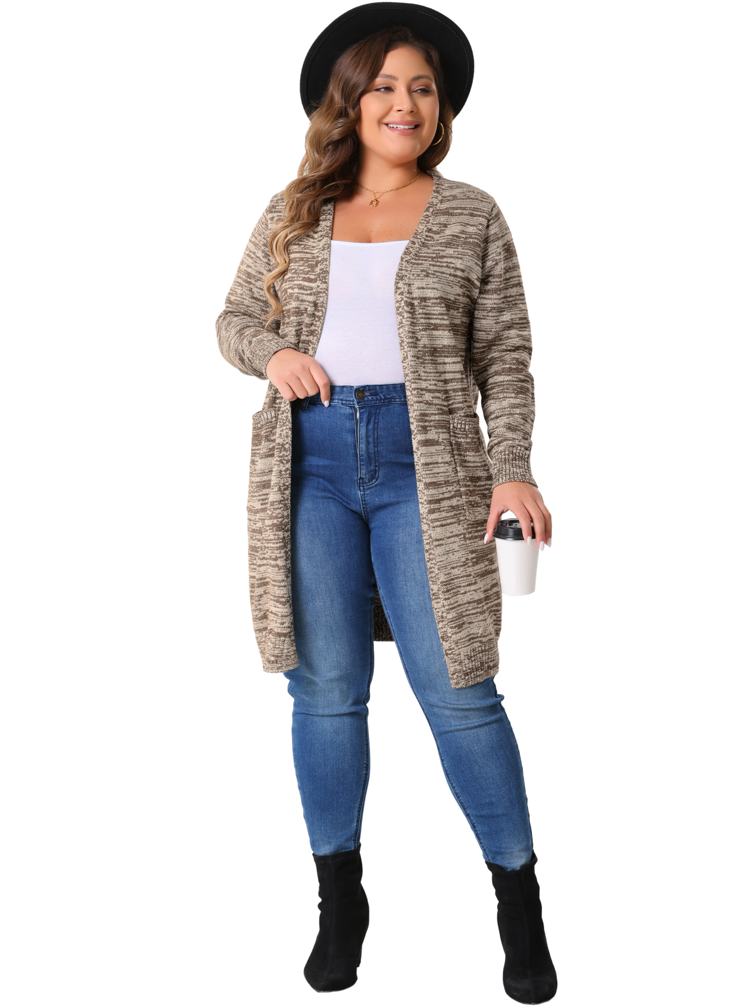 DARING DIVA Plus Size Contrast Color Open Front Long Sleeve Cardigan 4X Coffee