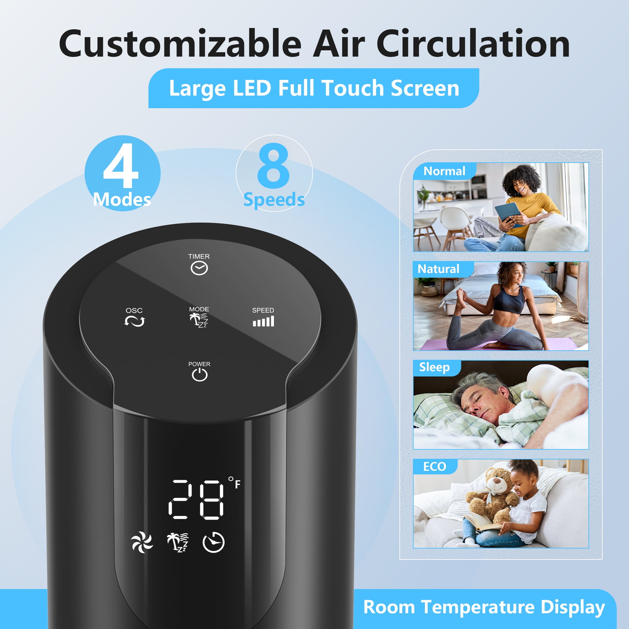Qunler 45" Tower Fan with Remote, 8 Speed , 4 Modes, 12H Timer, Oscillation, Standing Fan for Bedroom, Office, Home, Black