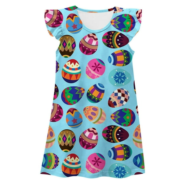 Robes Décontractées pour Filles Tout-Petits Été Imprimé Lapin de Pâques Col Rond Manches Volantes Robe de Maison Confortable, Bleu, 4-5 Ans