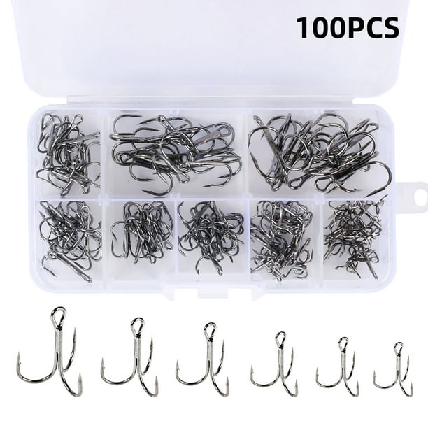 BeesClover 100 Pcs Treble Hooks with Barbs High Carbon Steel Artificial Lure  Fishing Hooks Set with Clear Box 